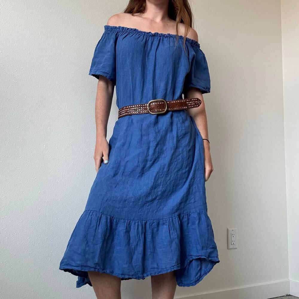 Blue off the shoulder linen dress